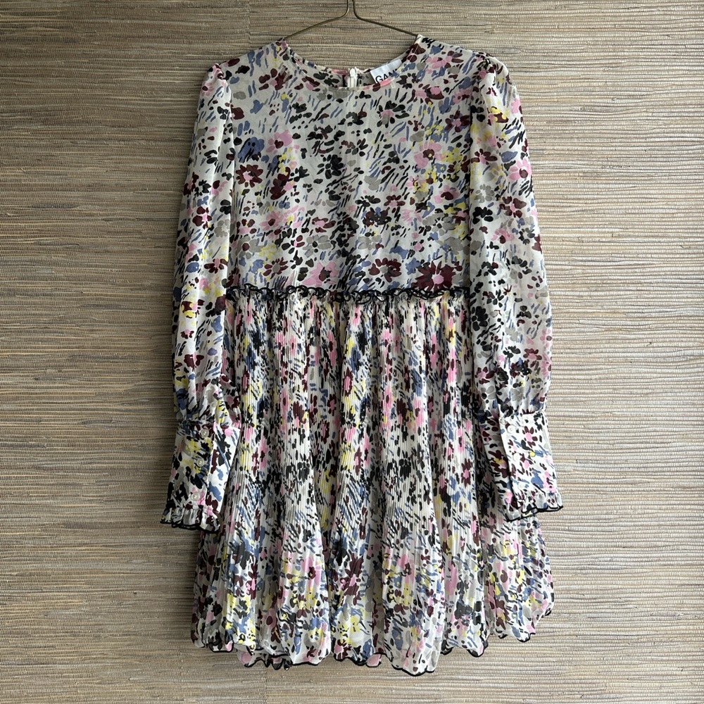 GANNI Floral Long Sleeve Jewel Neck Collar Pleated Babydoll Dress Size M